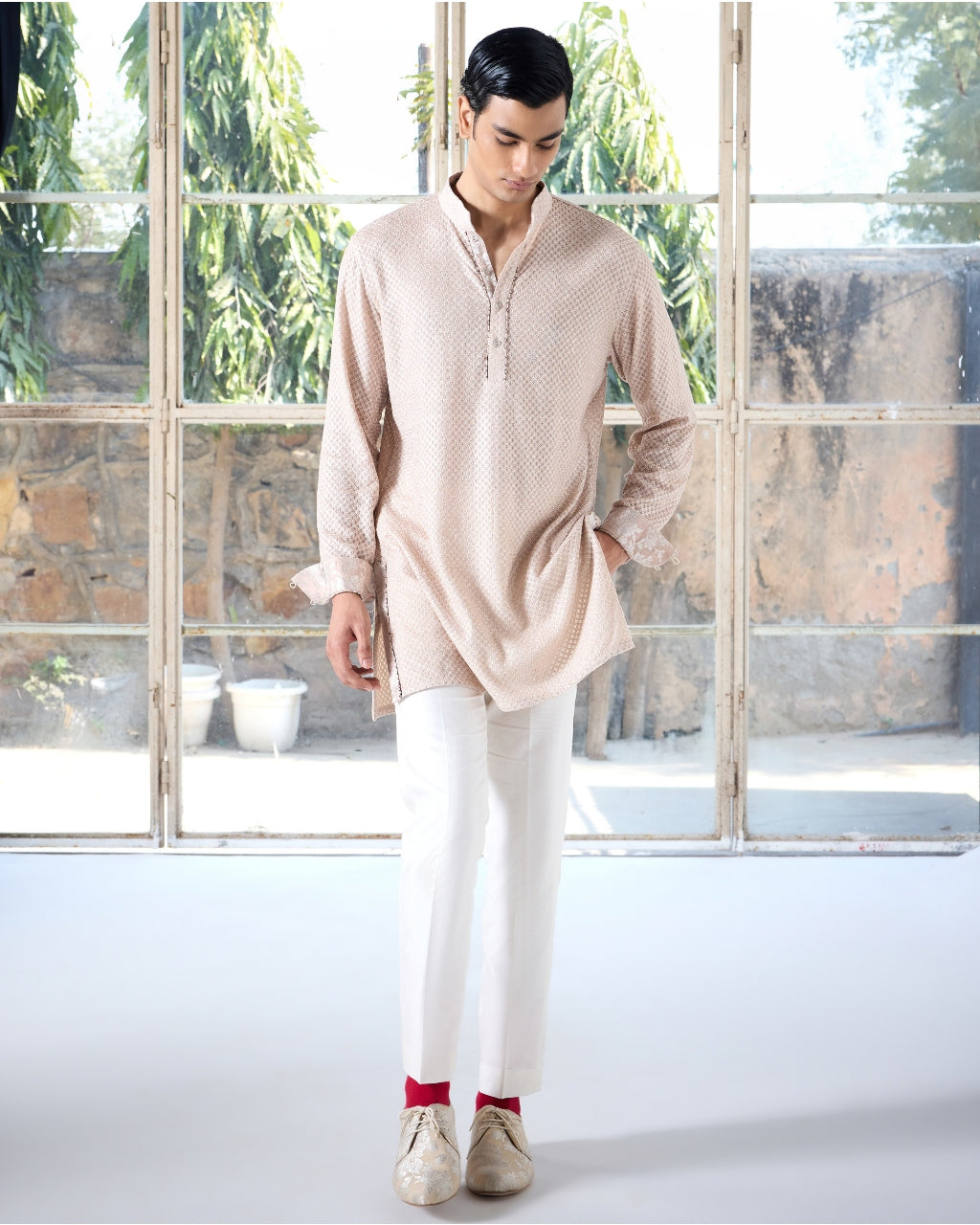 Blush Pink Square Henley Shirt Kurta Set By KYNAH, Luxury Indian Fashion & Bridal Wear