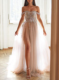 A-Line Sweetheart Sequins Sleeveless Sweep Train Prom Dresses With Split Front