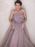 A-Line Sleeveless Tulle Off The Shoulder Sweep Train Prom Dresses With Pleated