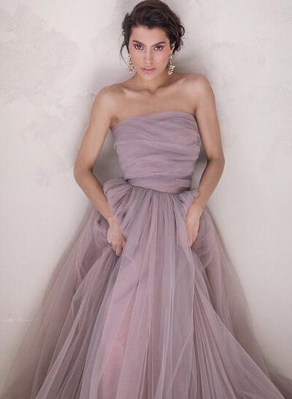 A-Line Sleeveless Tulle Off The Shoulder Sweep Train Prom Dresses With Pleated