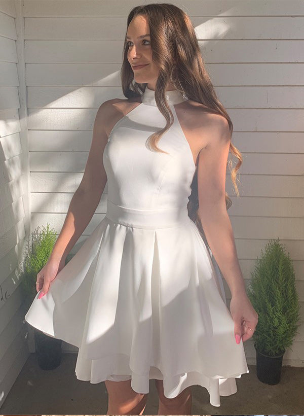 A-Line/Princess Halter Sleeveless Satin Short/Mini Homecoming Dress With Ruffle