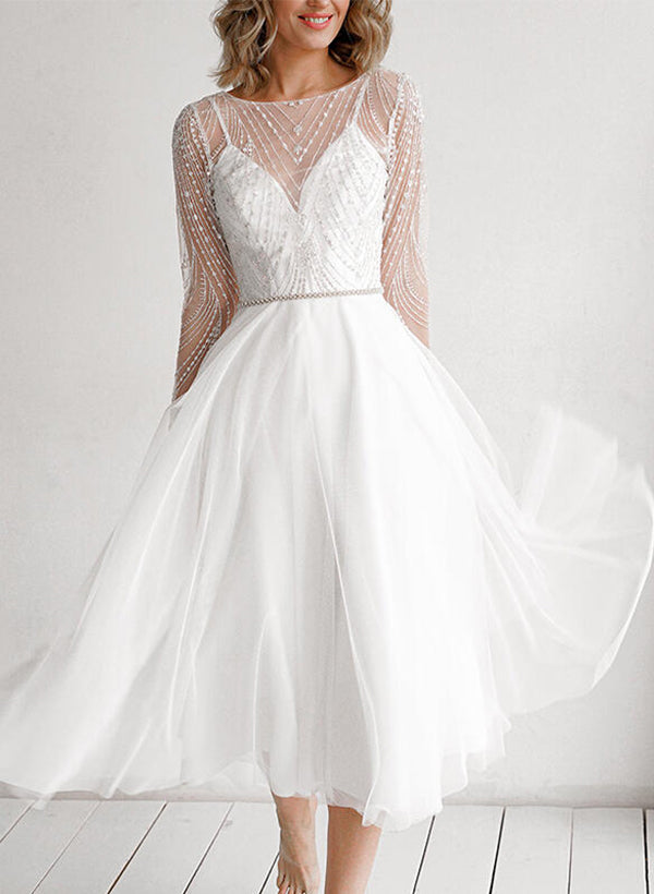 A-Line Scoop Neck Tea-Length Tulle Cocktail Dresses With Lace