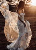 Trumpet/Mermaid Off The Shoulder Lace Sweep Train Wedding Dresses With Appliques Lace