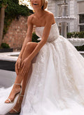 A-Line Strapless Tulle Lace Sweep Train Wedding Dresses WIth Appliques Lace Split Front