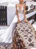 Trumpet/Mermaid V Neck Satin Lace Court Train Wedding Dresses With Lace