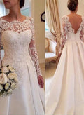 Ball-Gown Scoop Neck Satin Lace Court Train Wedding Dresses With Lace
