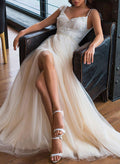 A-Line/Princess V Neck Tulle Lace  Sweep Train Wedding Dresses With Split Front Lace