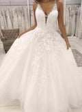A-Line V Neck Sleeveless Floor-Length Tulle Wedding Dresse With Appliques Lace