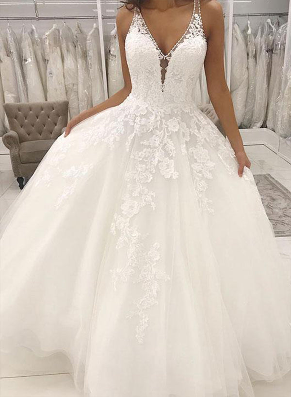 A-Line V Neck Sleeveless Floor-Length Tulle Wedding Dresse With Appliques Lace