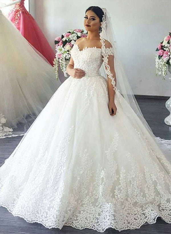 Ball Gown Off-The-Shoulder Tulle Court Train Wedding Dress With Appliques Lace