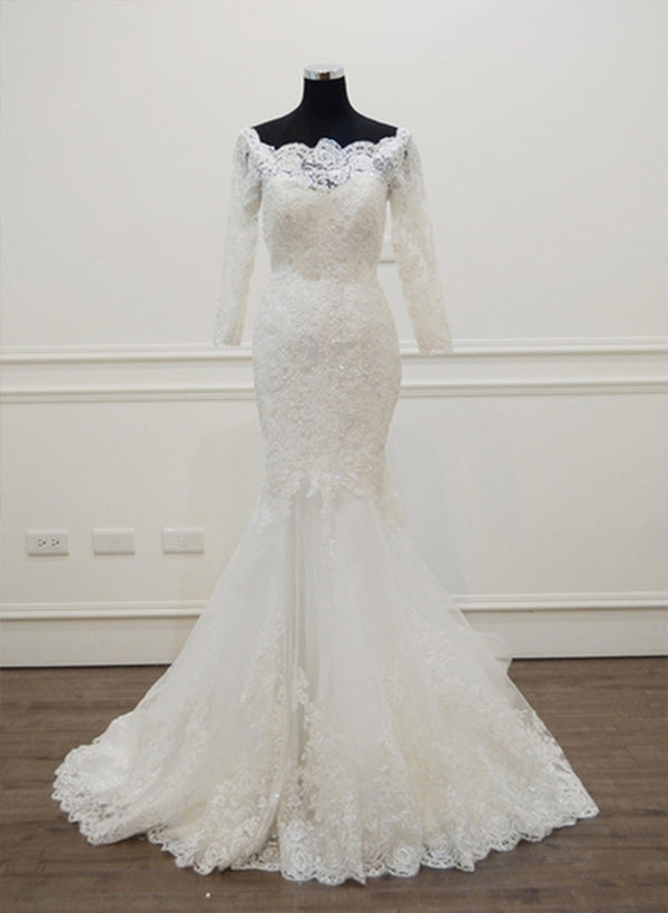 Trumpet/Mermaid Off-The-Shoulder 3/4 Sleeve Cathedral Train Lace Wedding Dress With Appliques Lace