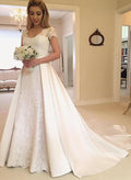 A-Line/Princess V Neck Short Sleeve Lace Satin Cathedral Train Wedding Dress WIth Lace