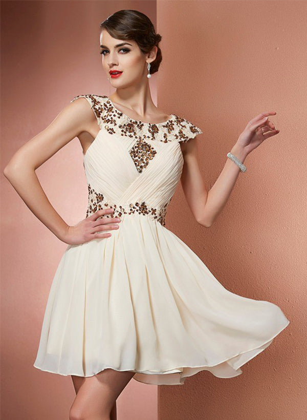 A-Line/Princess Scoop Neck Short Chiffon Cocktail Dresses With Beading