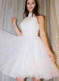 A-Line/Princess Halter Knee-length Satin Cocktail Dresses With Beading