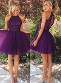 A-Line/Princess High Neck Short/Mini Tulle Cocktail Dresses WIth Lace