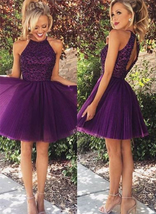 A-Line/Princess High Neck Short/Mini Tulle Cocktail Dresses WIth Lace