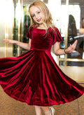 A-Line/Princess Square Neckline Tea-Length Velvet Flower Girl Dresses
