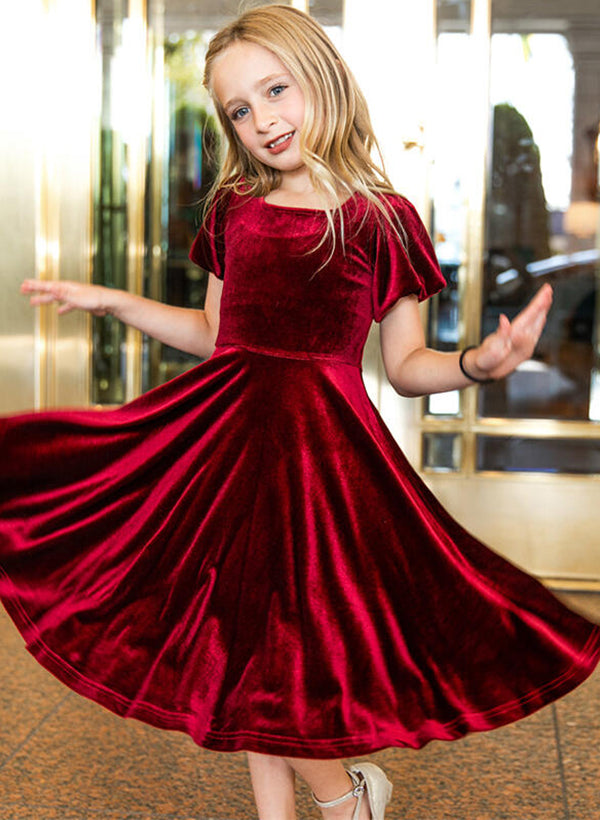 A-Line/Princess Square Neckline Tea-Length Velvet Flower Girl Dresses