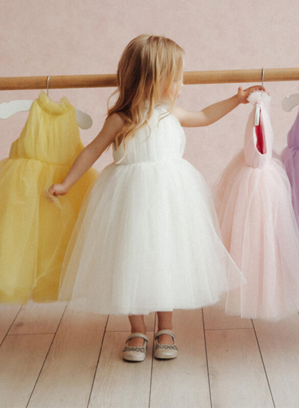 A-Line/Princess High Neck Tea-length Tulle Flower Girl Dresses