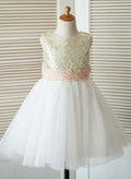 A-line/Princess Scoop Neck Knee-Length Tulle Sequined Flower Girl Dress With Bowknot Sash