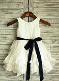 A-line/Princess Scoop Neck Short/Mini Satin Ruffles Flower Girl Dress With Sash/Bow(s)