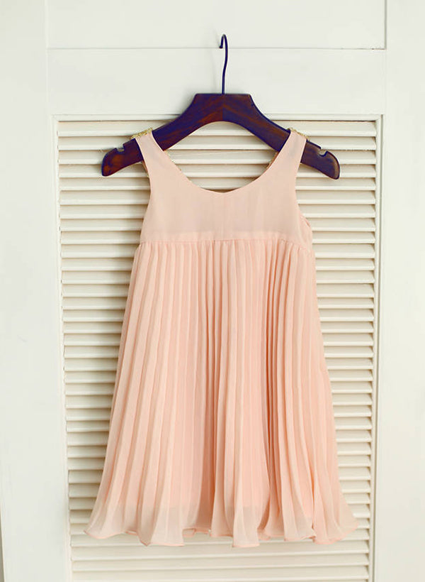 A-line/Princess Scoop Neck Knee-Length Sequined Chiffon Flower Girl Dress With Pleated