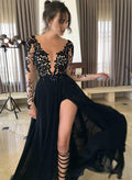 A-Line Illusion Neck Long Sleeve Chiffon Floor-Length  Dress With Appliques Lace Split Front