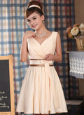 A-Line/Princess V Neck Knee-Length Satin Bridesmaid Dress With Pleated