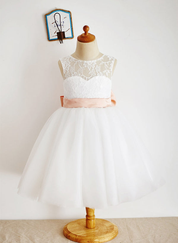 A-Line/Princess Scoop Neck Knee-Length Lace Tulle Flower Girl Dress With Bowknot Sashes