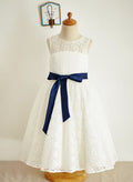 A-Line/Princess Scoop Neck Tea-Length Lace Tulle Flower Girl Dress With Sashes