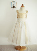 A-Line/Princess Square Neckline Tea-Length Tulle Sequined Flower Girl Dress