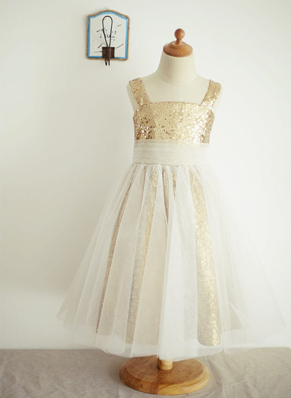 A-Line/Princess Square Neckline Tea-Length Tulle Sequined Flower Girl Dress