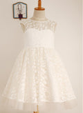 A-Line/Princess Scoop Neck Tea-Length Lace Flower Girl Dress