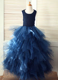 A-line/Princess Scoop Neck Asymmetrical Tulle Flower Girl Dress