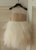 A-Line/Princess Illusion Neck Knee-Length Tulle Sequined Flower Girl Dress