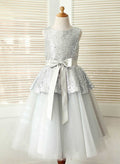A-Line/Princess Scoop Neck Floor-Length Tulle Sequined Flower Girl Dress With Sashes