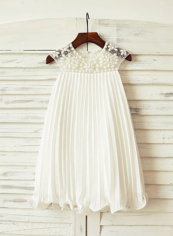 A-line/Princess Scoop Neck Knee-Length Chiffon Flower Girl Dress With Beading Rhinestone