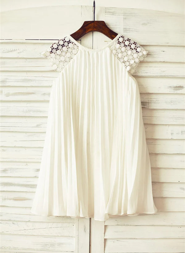 A-line/Princess Scoop Neck Knee-Length Chiffon Lace Flower Girl Dress With Pleated