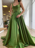 A-Line Square Neckline Satin Court Train Straps Sleeveless Prom Dresses With Ruffles