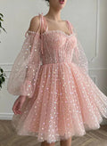 A-Line Sweetheart Tulle Spaghetti Straps Long Sleeves Short Dresses With Ruffles