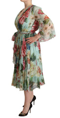Women's Green Floral Long Sleeves V-Neck Midi Dress Silk