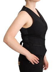 Women's Black Button Down Sleeveless Viscose Vest Top