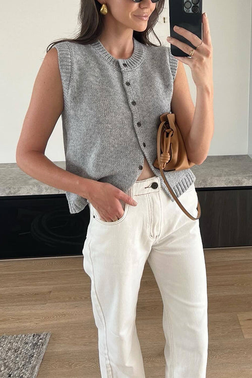 Crewneck Sleeveless Button Down Knitting Top