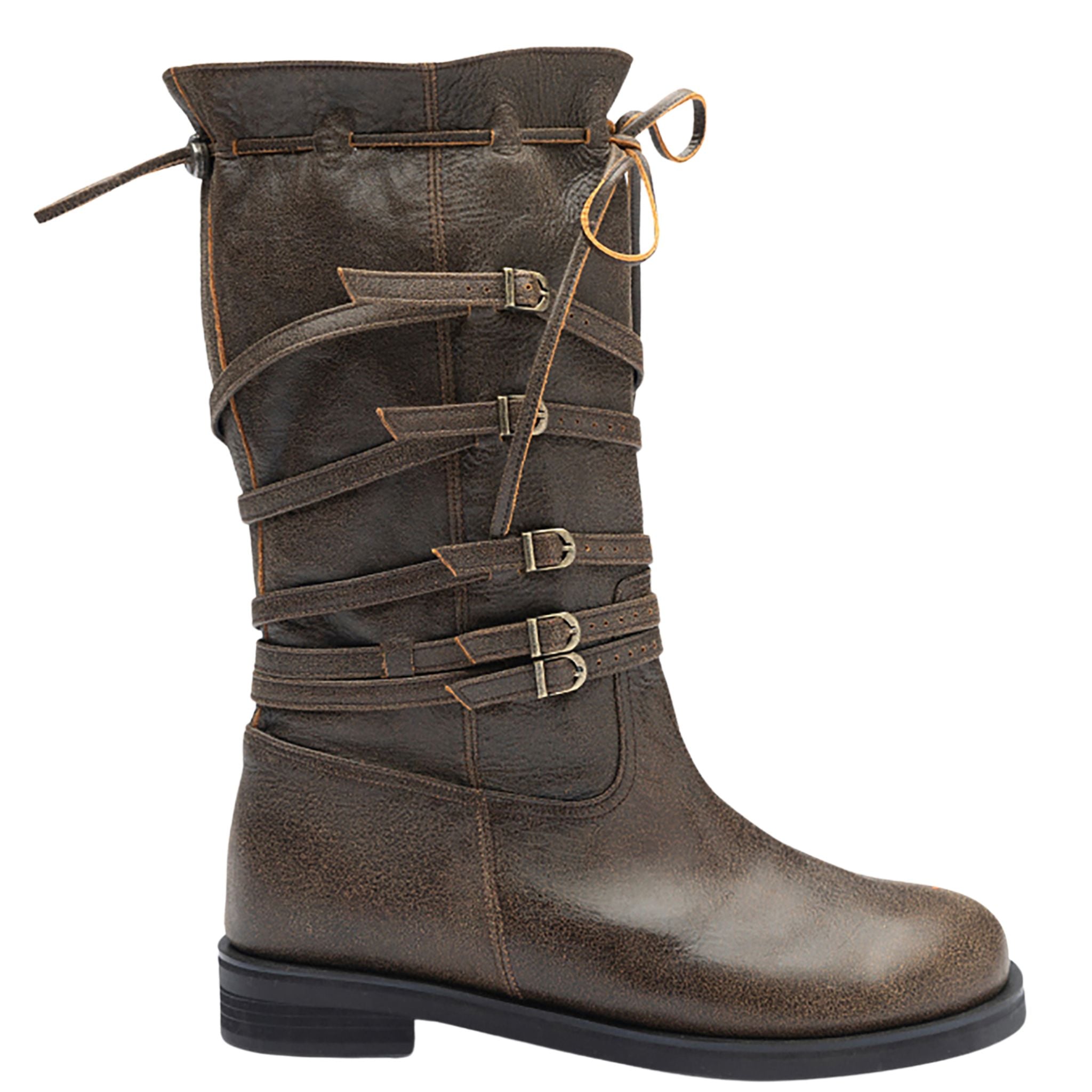 Brown Leather Multi‑Strap Buckle Mid‑Calf Boots