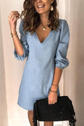 V Neck Cuff Sleeve Solid Mini Dress