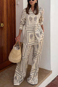 Cactus Print Lapel Long Sleeves Shirt Elastic Waist Wide Leg Pants Set
