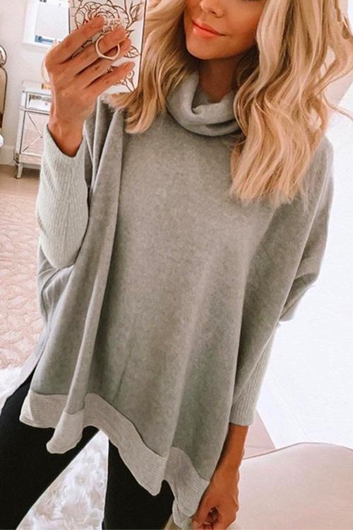 Cowl Neck Color Block Side Split Loose Pullover