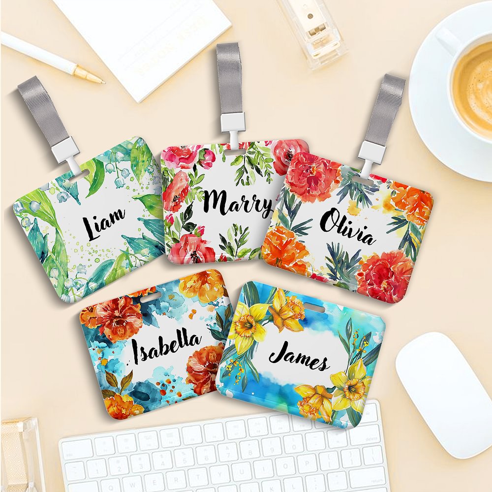 Acuarela Personalizada Flor de Nacimiento Portacredencial con Nombre y Cordón Accesorios de Oficina Regalo de Cumpleaños para Empleado de Oficina