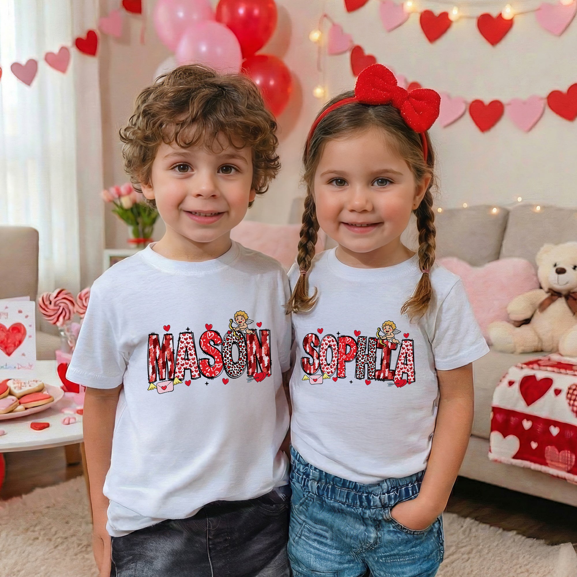 Personalizado Cupido Corazón Alfabeto Camiseta Sudadera con Nombre San Valentín Regalo para Pareja Niños