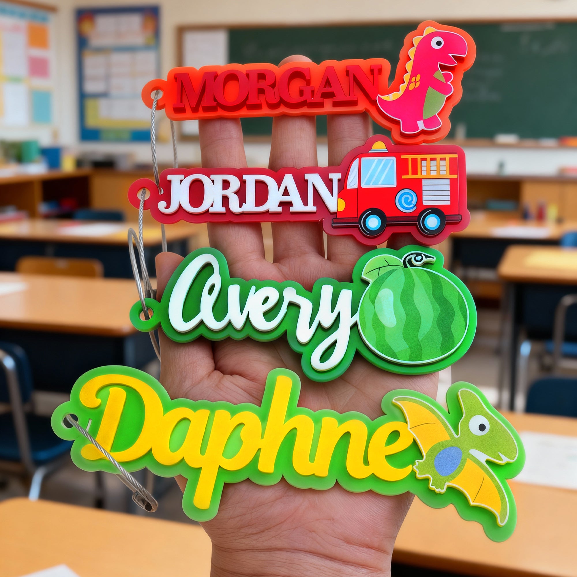 Llavero acrílico personalizado con el nombre de un simpático dinosaurio de autobús multicolor Regalo de cumpleaños de vuelta al cole para niños